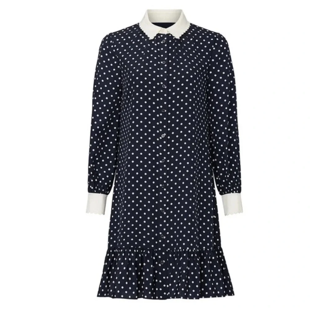 Tory Burch Cora Silk Dress 6 Button Up Preppy Classic Navy Polka Dot New $498
